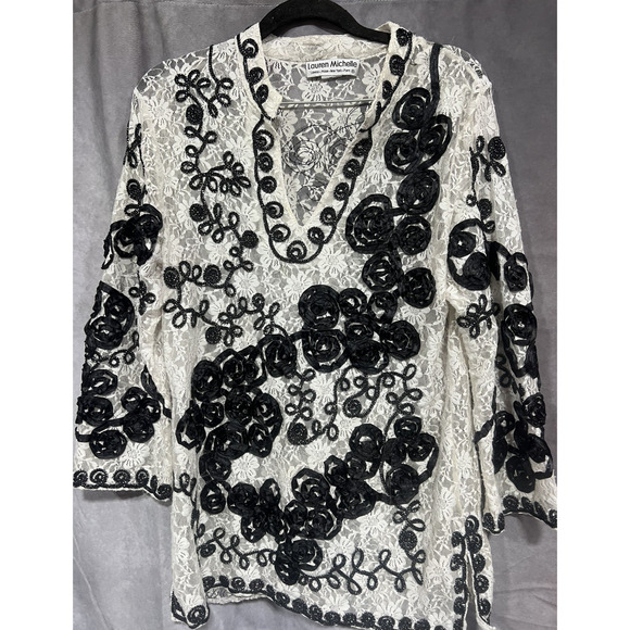 Lauren Michelle Tops - Lauren Michelle White Lace Top Black Ribbon Roses Soutache Metallic Embellished